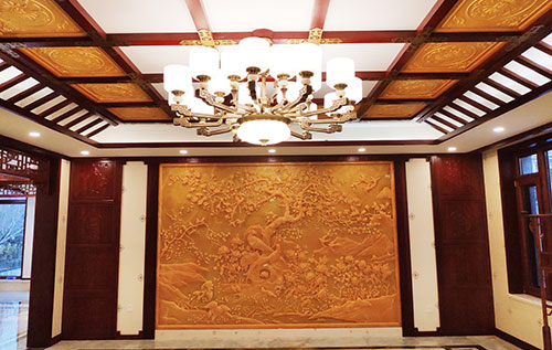 黟县中式别墅客厅中式木作横梁吊顶装饰展示